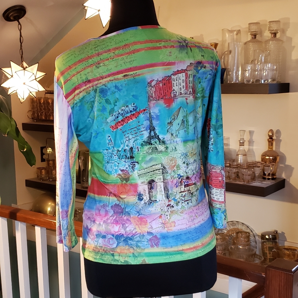 Caio Womens Mid Length Sleeve Knit Top Paris Print